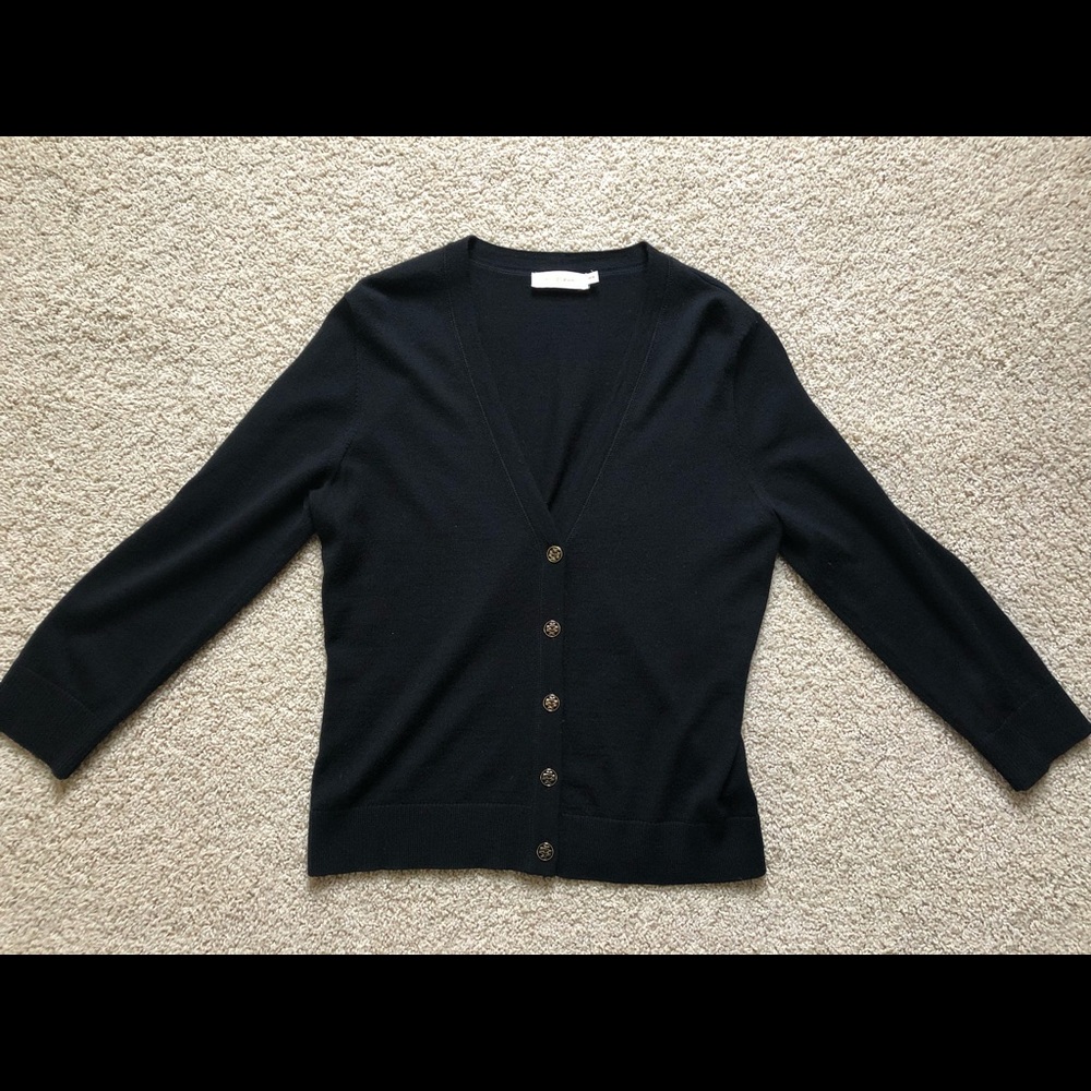 Tory Burch Black 3/4 Sleeve Merino Wool Cardigan